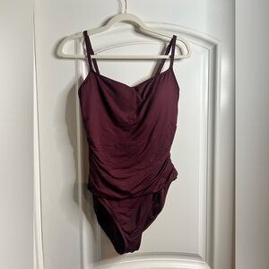 La Blanca Island Goddess One-Piece Swimsuit Size 14 Dark Cherry Shirred Waist